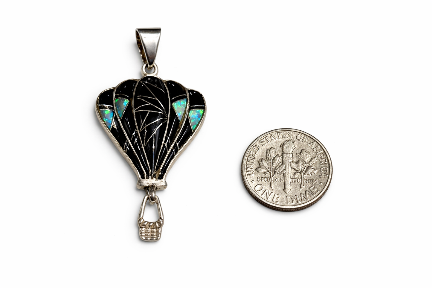 Sterling Silver Black Onyx and Opal Inlay Hot Air Balloon Pendant Signed