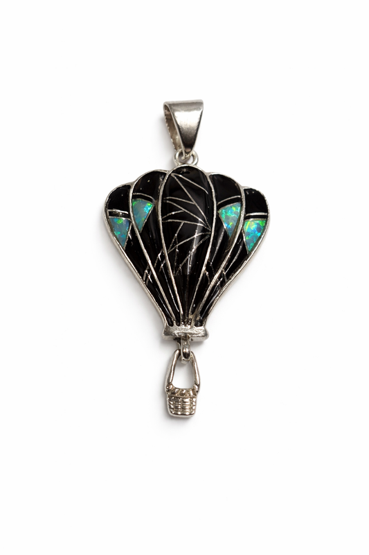 Sterling Silver Black Onyx and Opal Inlay Hot Air Balloon Pendant Signed