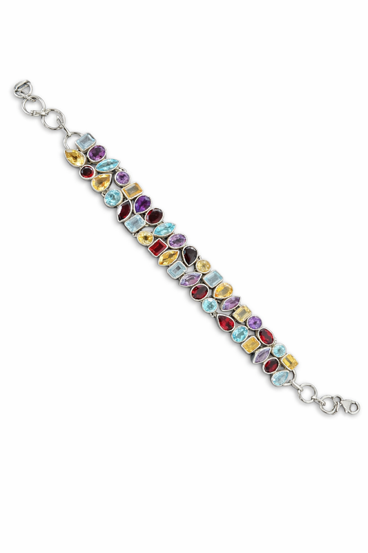 Sterling Silver Bracelet With Blue Topaz, Garnet, Citrine, Amethyst New