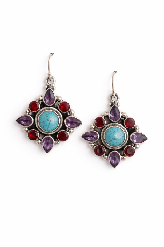 Sterling Silver Amethyst Turquoise And Garnet Dangle Earrings