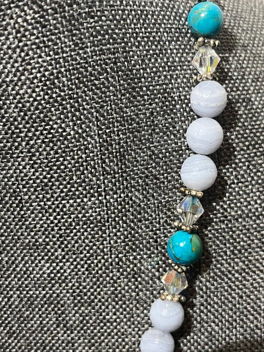 Blue Lace Agate Turquoise Made With Swarovski Crystals Sterling Silver Necklace
