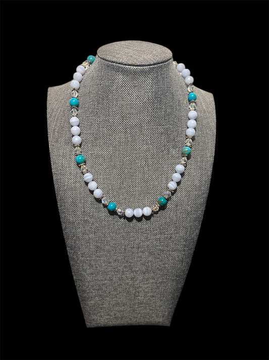 Blue Lace Agate Turquoise Made With Swarovski Crystals Sterling Silver Necklace