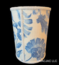 Load image into Gallery viewer, Springtime Blue Fabric Covered Wastebasket ***In Stock***