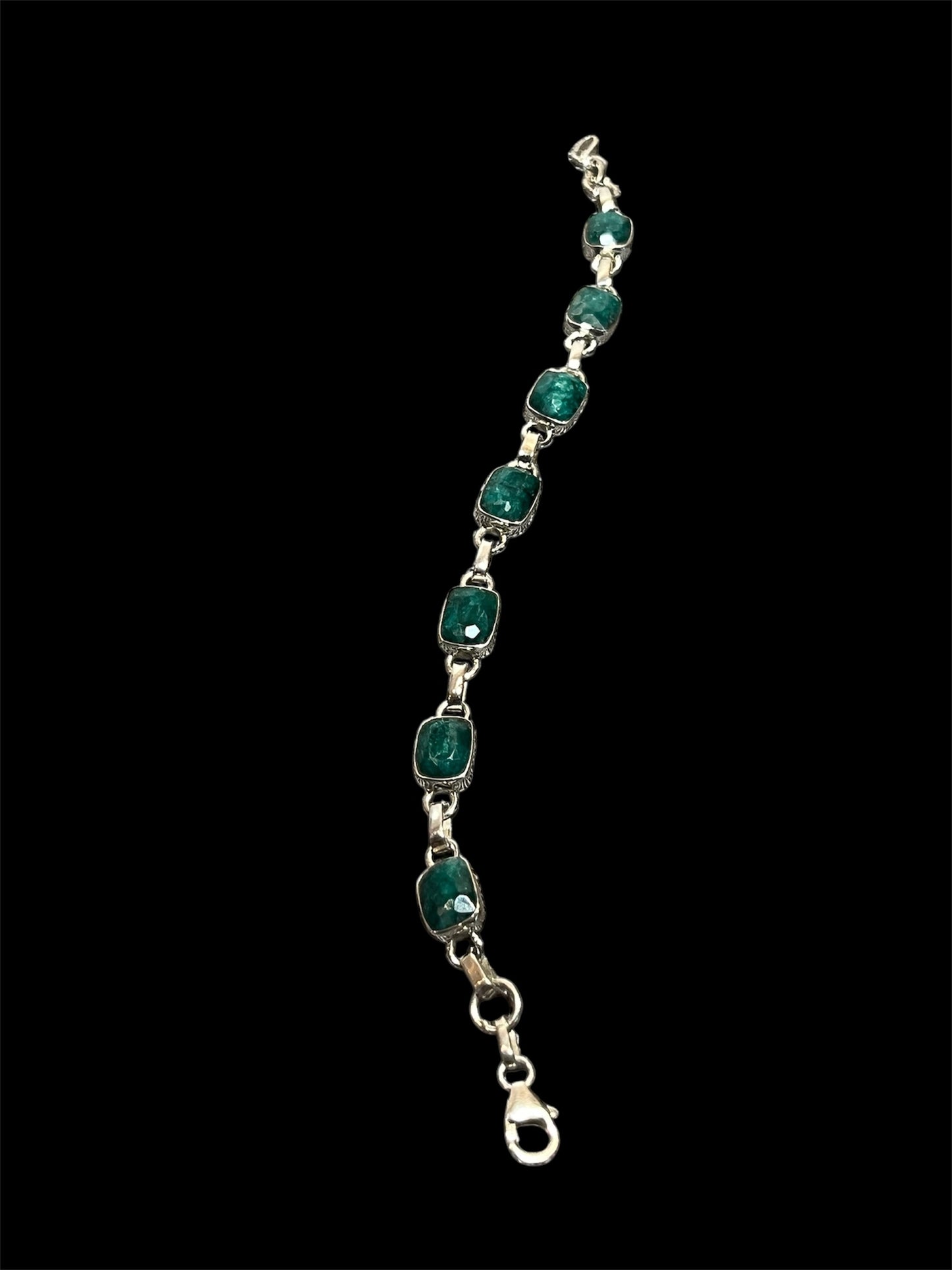 Sterling Silver Tennis Bracelet With Natural Emerald Adjustable