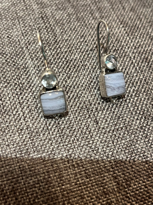 Sterling Silver Blue Lace Agate With Topaz Earrings