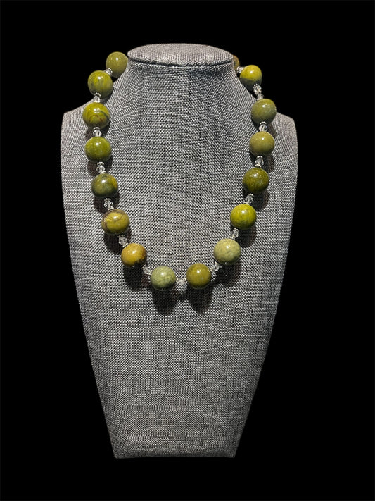 Green Jasper Made With Swarovski Crystals Sterling Silver Necklace