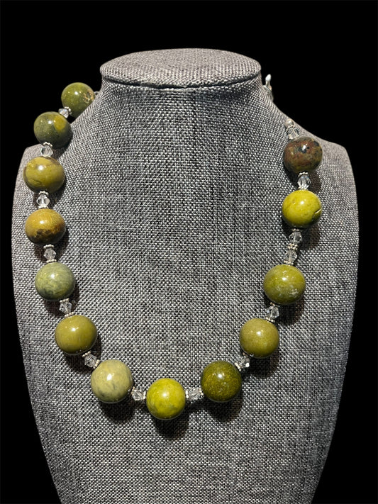 Green Jasper Made With Swarovski Crystals Sterling Silver Necklace