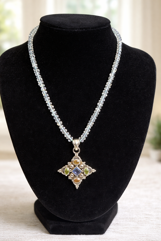 Aquamarine Necklace W/ Citrine, Peridot And Amethyst Cross