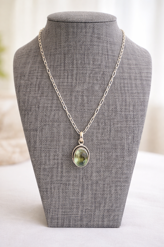 Sterling Silver Green Amethyst Pendant Necklace with 16" Paper Clip Chain