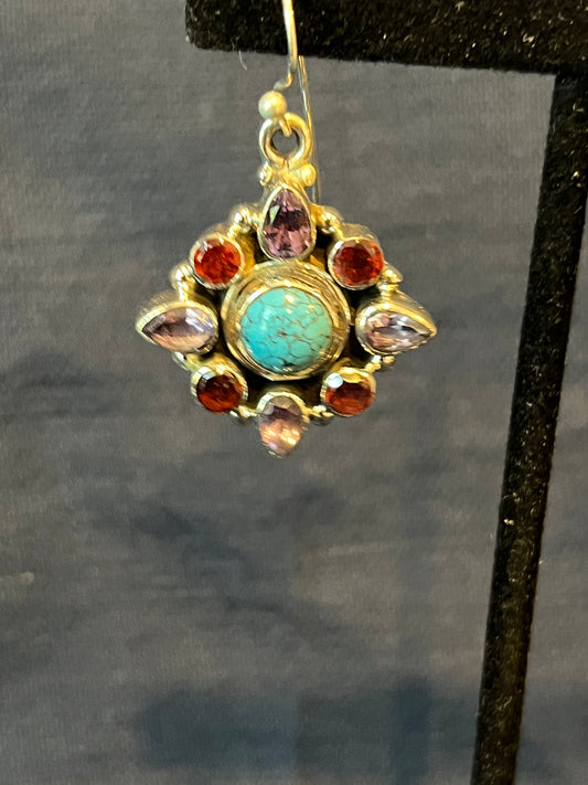 Sterling Silver Amethyst Turquoise And Garnet Dangle Earrings