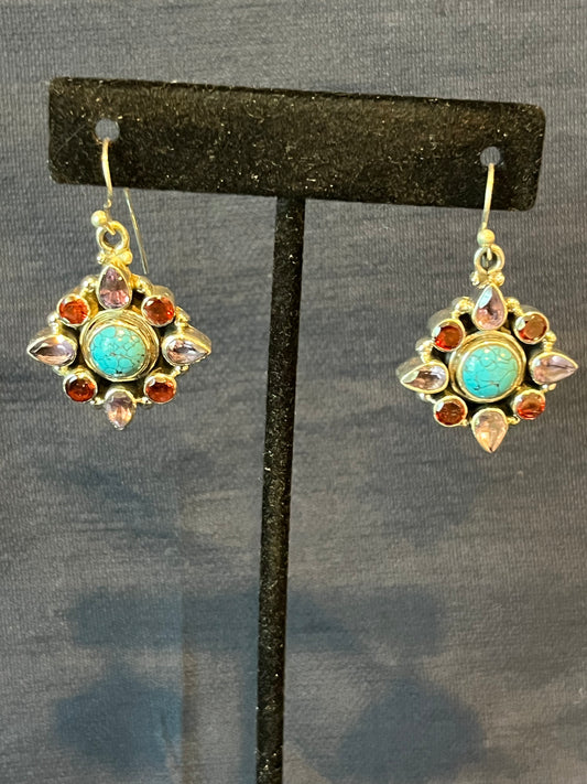 Sterling Silver Amethyst Turquoise And Garnet Dangle Earrings