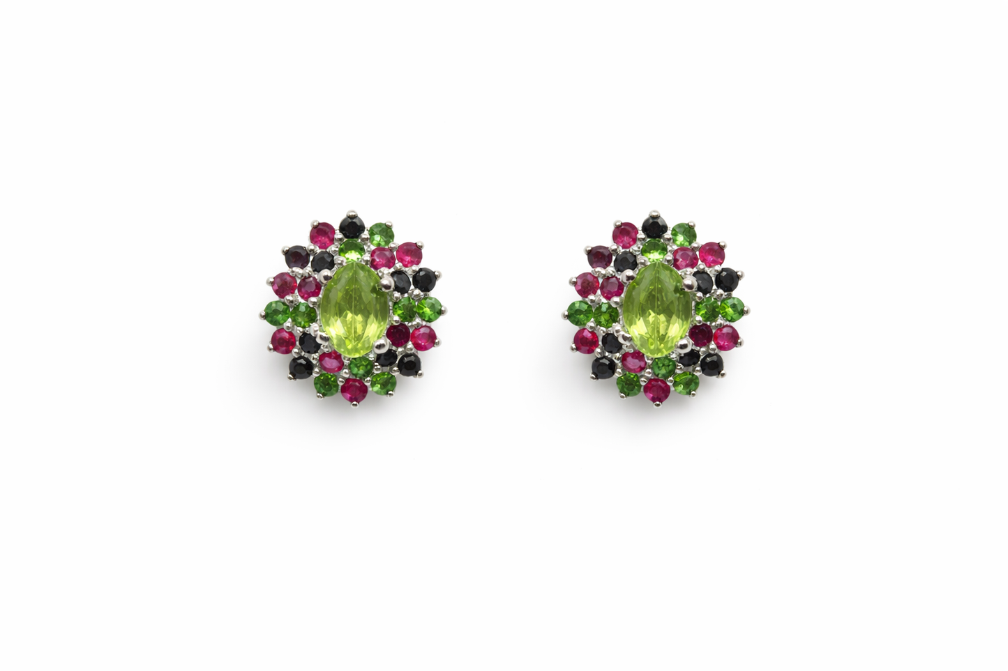 Sterling Silver Peridot with Ruby, Sapphire and Chrome Diopside Stud Earrings