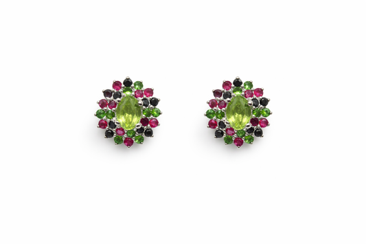 Sterling Silver Peridot with Ruby, Sapphire and Chrome Diopside Stud Earrings