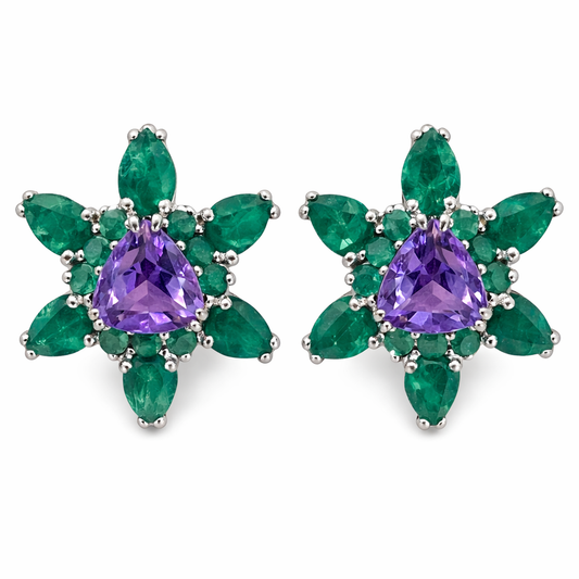 Sterling Silver Emerald And Amethyst Earrings New