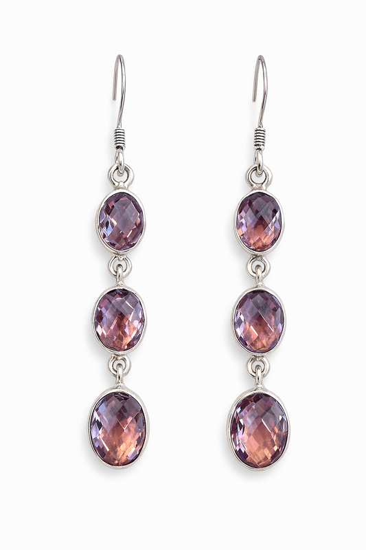 Sterling Silver Triple Amethyst Dangle Earrings