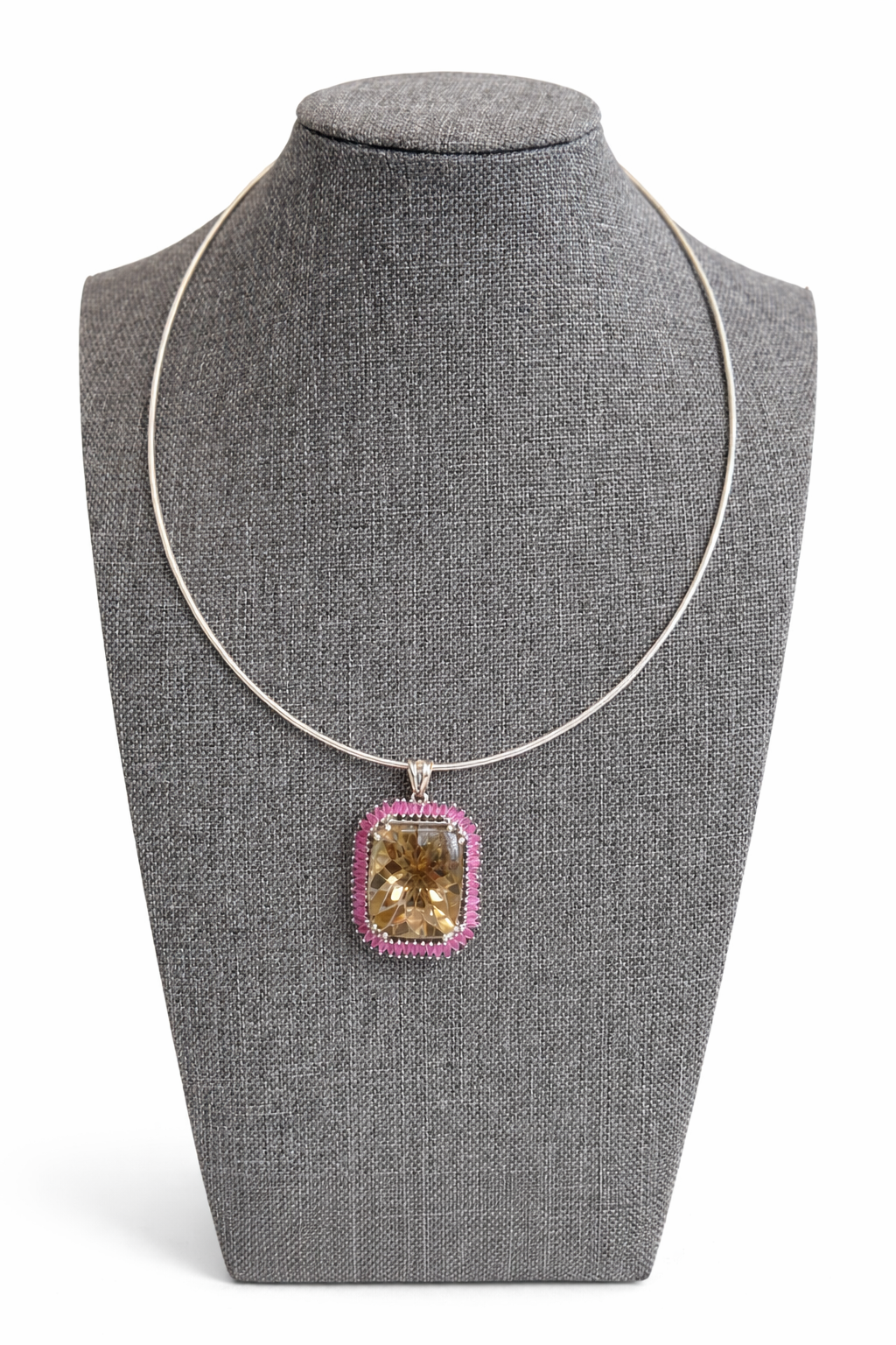Sterling Silver Carved Smoky Quartz & Ruby Pendant And Torque Chain (Italy)