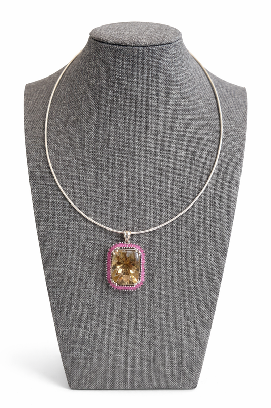 Sterling Silver Carved Smoky Quartz & Ruby Pendant And Torque Chain (Italy)