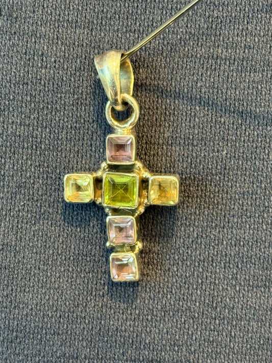 Citrine Amethyst And Peridot Sterling Silver Cross Pendant