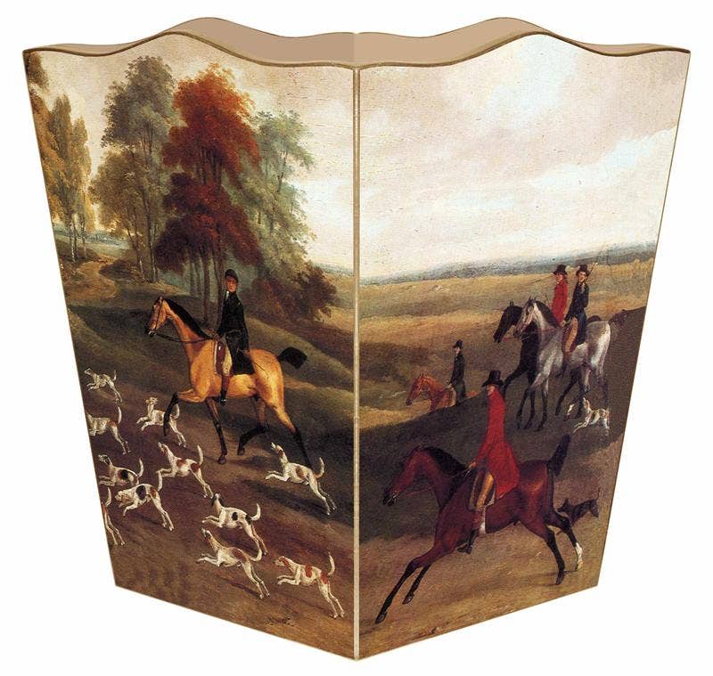WB227-English Hunt Scene Wastepaper Basket: Wood Scalloped Top