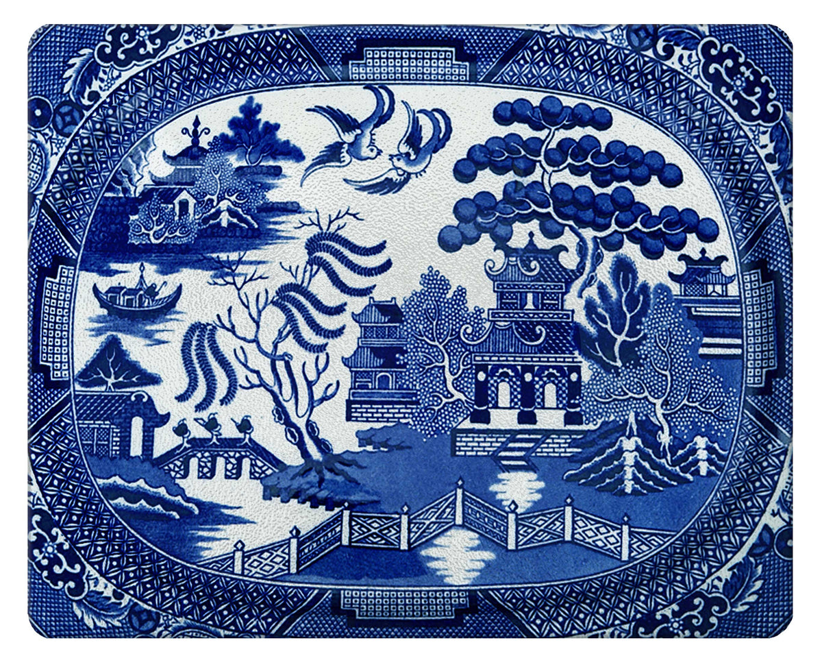 GB1386-Blue Willow Glass Cutting Board: Large Rectangular 15" by 12"