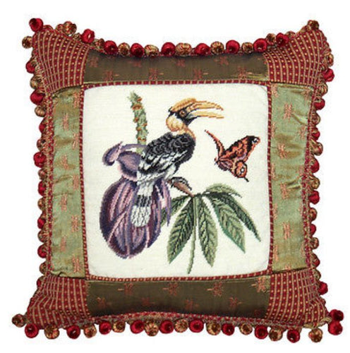Great Hornbill Petit-Point Pillow/ Fabric Trim 16