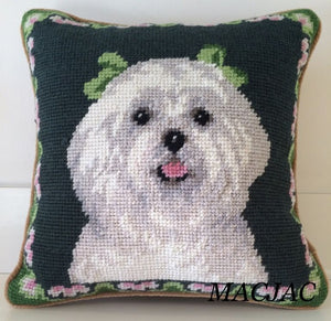 Maltese Dog Needlepoint Pillow 10"x10"