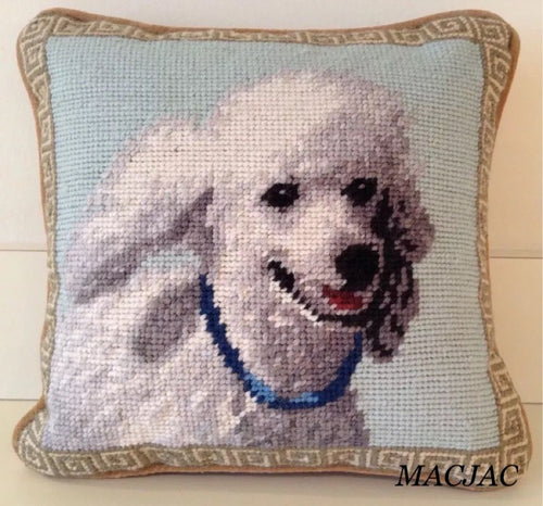 White Poodle Dog Needlepoint Pillow 10”x10