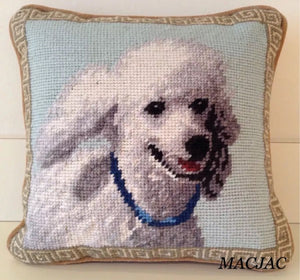 White Poodle Dog Needlepoint Pillow 10”x10"