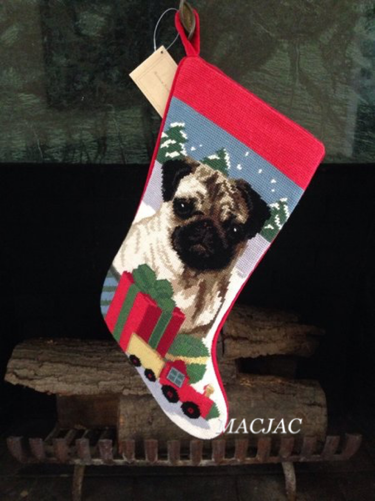 Fawn Pug Dog Needlepoint Christmas Stocking