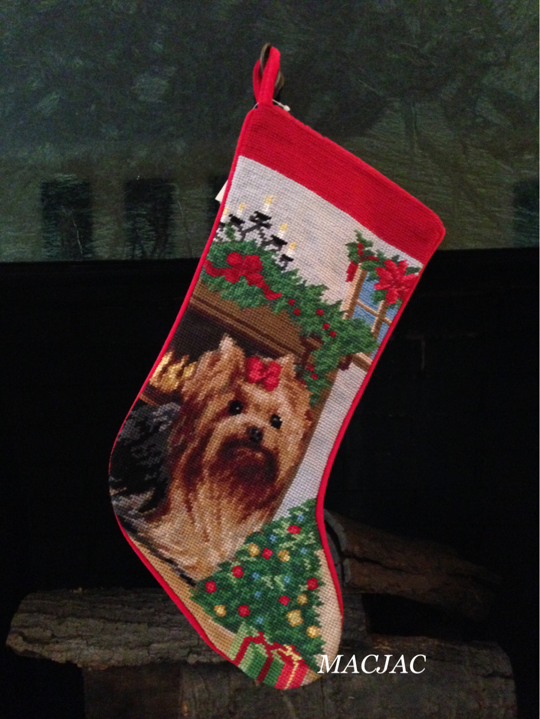 Yorkie Needlepoint Dog Christmas Stocking
