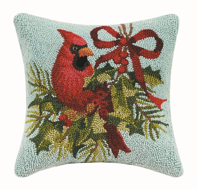 Peking Handicraft Holly Cardinal 14”x14” Hooked Pillow