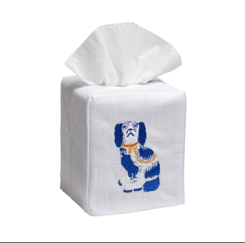 Staffordshire Dog Blue/White Natural Linen/Cotton Tissue Box Cover