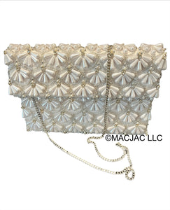 White/Silver Half Flap Beaded Clutch Purse With Rhinestones