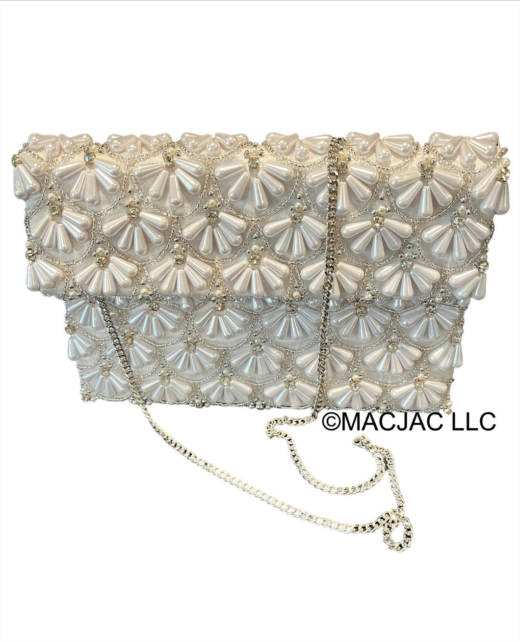 White/Silver Half Flap Beaded Clutch Purse With Rhinestones