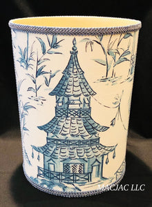 Blue Pagoda Fabric Covered Wastebasket