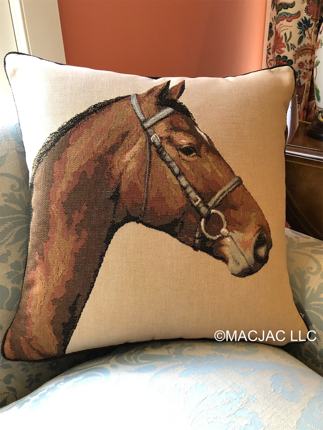 Bay Horse Head Tapestry Pillow 19” x 19” Made In France