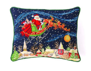 "Santa In Snowy Sky" Needlepoint Pillow 14"x18"