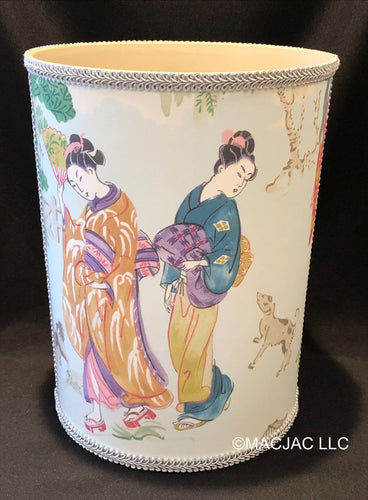 Chinoiserie Fabric Covered Wastebasket ***In Stock***