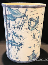 Load image into Gallery viewer, Blue Pagoda Fabric Covered Wastebasket ***In Stock***