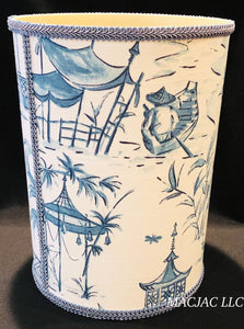 Blue Pagoda Fabric Covered Wastebasket ***In Stock***
