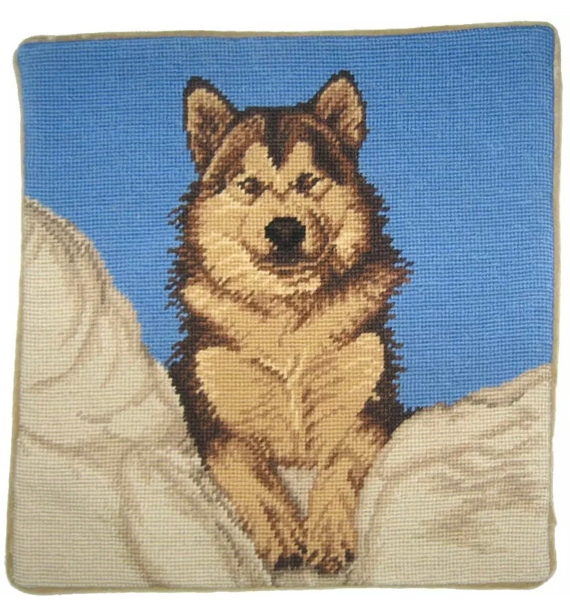 Brown Husky Needlepoint Pillow 15” x 15”