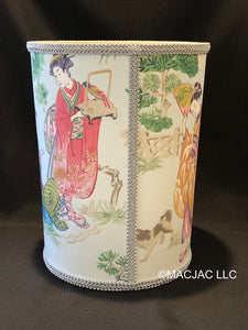 Chinoiserie Fabric Covered Wastebasket ***In Stock***