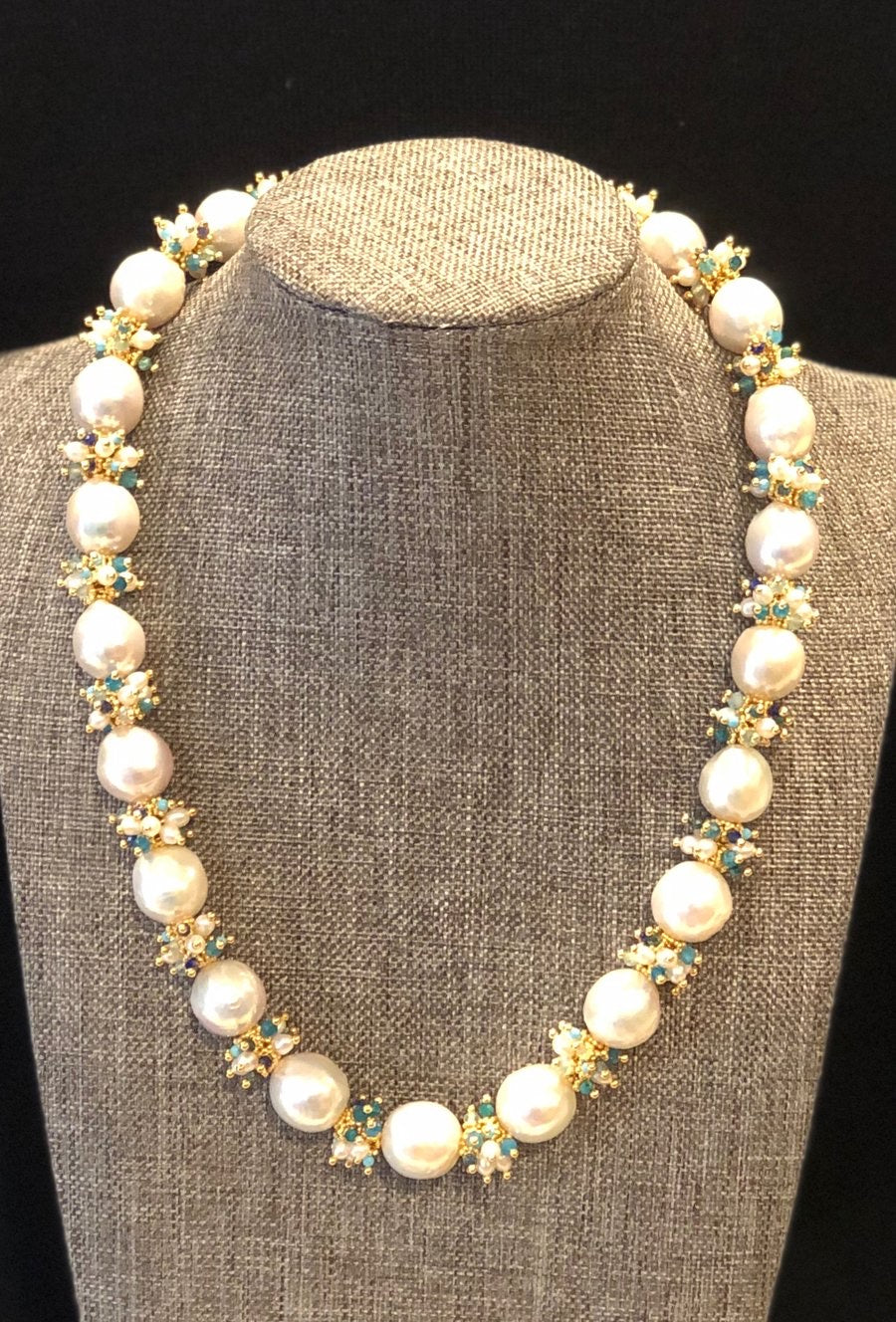Baroque Pearl Necklace with Blue Clusters