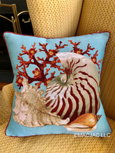 Load image into Gallery viewer, Shells Tapestry Pillow (Blue Background) 19” x 19” Made In France