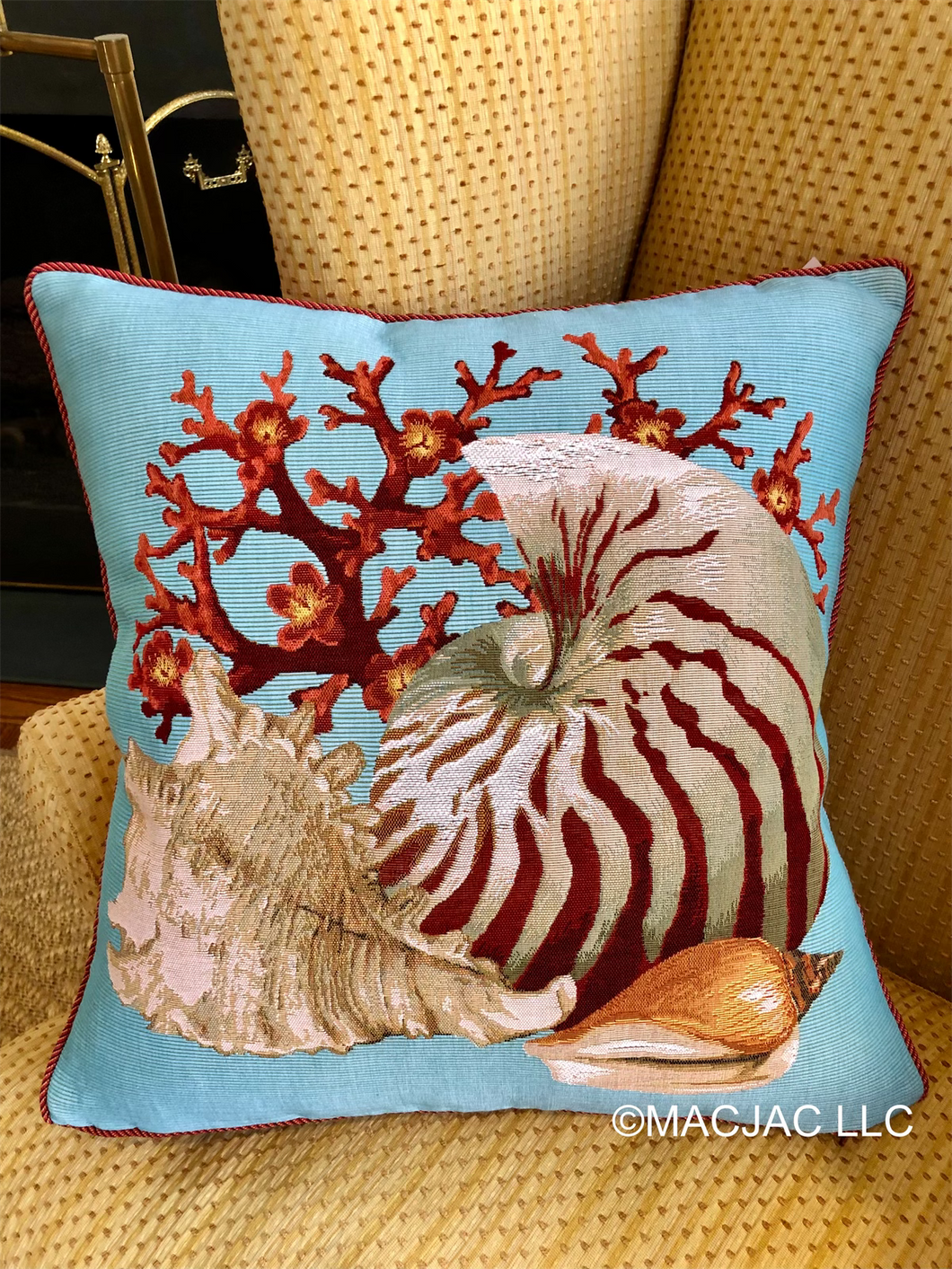 Shells Tapestry Pillow (Blue Background) 19” x 19” Made In France