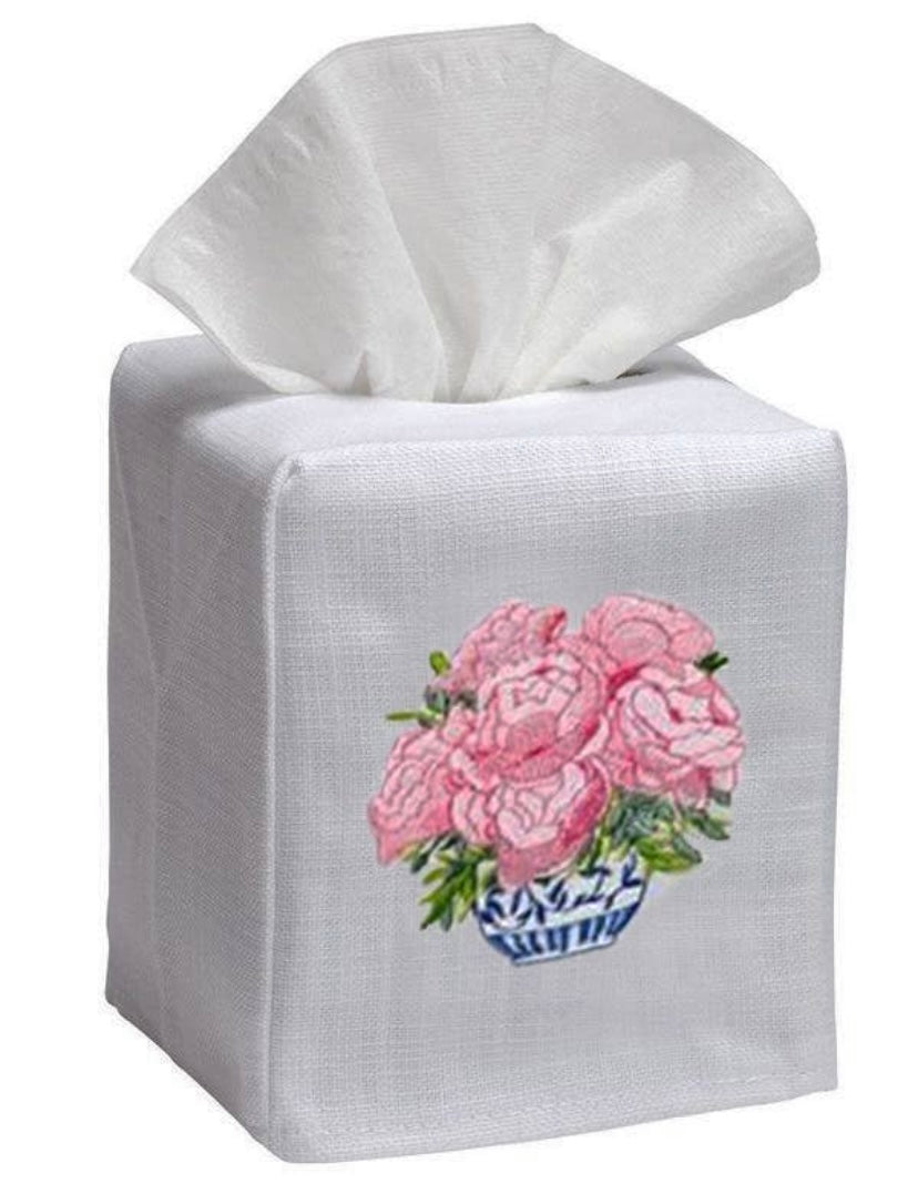 Pot Of Pink Peonies Natural Linen/Cotton Tissue Box Cover