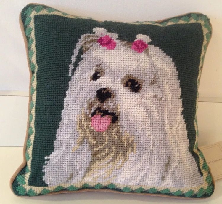 Maltese Dog Needlepoint Pillow 10"x10"