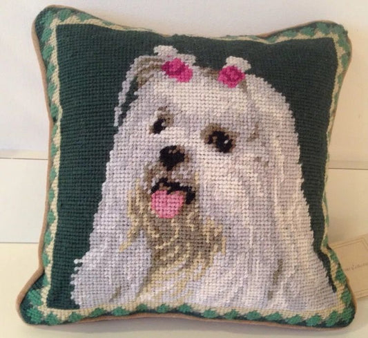 Maltese Dog Needlepoint Pillow 10"x10"