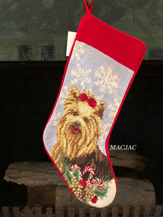 Peking Handicraft Yorkie With Candy Canes Needlepoint Stocking